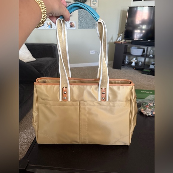 Coach gold and blue sateen nwt Hampton weekender leather trim - Picture 3 of 6